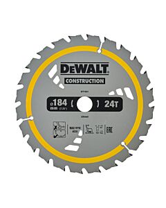 LAME DE SCIE CIRCULAIRE SANS FIL CARBURE CONSTRUCTION, 184X20MM, 24 DENTS, ATB/TRONCONNAGE, ANGLE D'ATTAQUE 18 POUR LA COUPE DU BOIS DUR ET TENDRE, MDF, CONTREPLAQUES ET BOIS DE RECUPERATION - DEWALT DT1951-QZ